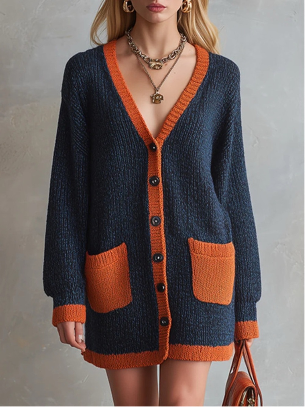 Color-Block V-Neck Button-Down Knit Cardigan - Picture 3 of 4